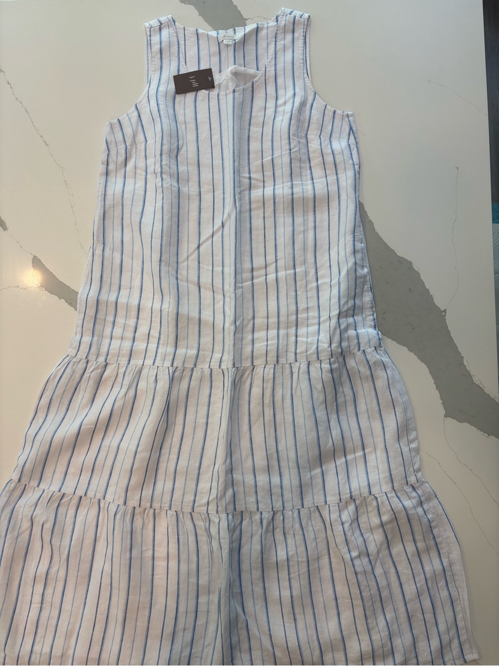 J. Jill… White w/ Blue Stripes Tiered Sleeveless Lined Maxi Dress..